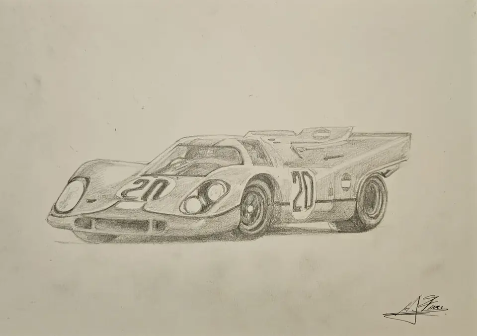 Dibujo a lápiz del Porsche 917 nº 20, de Antonio Fisac